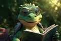 green cute dinosaur with glasses reading a book Royalty Free Stock Photo