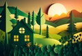 illustration of green forest with house at sunset. Paper art style. generative ai Royalty Free Stock Photo