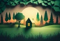 illustration of green forest with house at sunset. Paper art style. generative ai Royalty Free Stock Photo