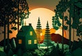 illustration of green forest with house at sunset. Paper art style. generative ai Royalty Free Stock Photo