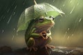 a small frog under an umbrella,illustration of a green frog on a branch under umbrella,Generative AI Royalty Free Stock Photo