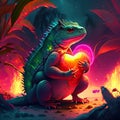 Iguana hugging heart Illustration of a green iguana holding a heart in front of the fire AI generated animal ai