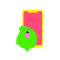 Illustration of a green kawaii monster. Vector. Cute cartoon little dragon with ice cream and telephone. Toy rubber mascot for the