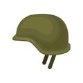 Green military helmet. Solid headgear. Protective equipment for soldier or officer. Item for personal safety. Flat