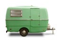 Illustration of a green mini RV trailer under the lights against a white background