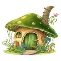 Illustration of a green mushroom house with a broom on a white background, Green Fairy House Clipart, AI Generated Royalty Free Stock Photo