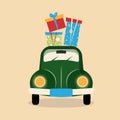 Illustration of a green retro car with gifts on a beige background.