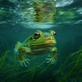 A green frog swimming underwater in a pool, generative ai