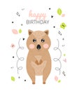 Illustration greeting card with a quokka animal, butterflies, leaves, hearts, happy birthday lettering. Greeting card happy