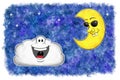 illustration of grinning cartoon moon with sunglasses and laughing cloud in watercolor night sky