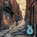 A gritty urban alley where a street performer plays soulful blues on a weathered electric guitar, accompanied by the distant sound