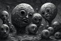 Illustration of a Group of Alien Faces in the Dark