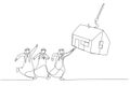 Illustration of group of arab businessman try to get house bait on fishing hook. One line style art