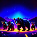 Illustration of a group of bears on the background of the night sky Generative AI