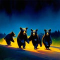 illustration of a group of bears walking on the road at night AI generated