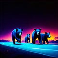 illustration of a group of bears walking on the road at sunset generative AI