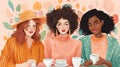 illustration of a group of beautiful young women with cups of coffee, tea or coffee. Generative AI