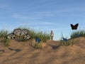 Illustration of a group of blue and black butterflies playfully flying over a sand dune with a woman walking a path towards them Royalty Free Stock Photo