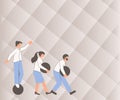 Illustration Of Group Bringing Their Own Heavy Sphere Together. People Drawing Carrying Huge Round Material As A Team
