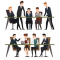 Group business people working in office. Men dressed in classic black suits and ties. Assistant work on laptop Royalty Free Stock Photo