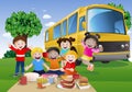 illustration of a group of children in front rv bus ready to school vacation