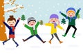 Illustration of a group of children jumping and playing in the snow in the winter Royalty Free Stock Photo