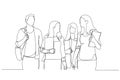 Illustration of group of college students walking together. Single line art style