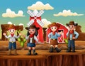 Group of cowboys and cowgirls in wild west farm background