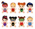 Illustration group of cute babies girls in costumes of superheroes.