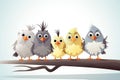 Illustration of a group of cute little birds on a tree branch