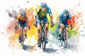 Illustration of a group of cyclists on a colorful watercolor background, Cyclists team riding on bicycles, color drawing. Bike