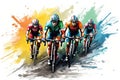 Illustration of a group of cyclists on a road bike racing, Cyclists team riding on bicycles, color drawing. Bike race banner, AI Royalty Free Stock Photo