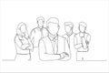 Illustration of group of friendly businesspeople with male leader in front. One continuous line art style