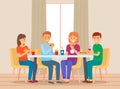 Illustration of a group of friends eating in a fast food restaurant talking and having dinner Royalty Free Stock Photo