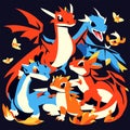 Illustration of a group of funny cartoon dragon and foxes. AI generated