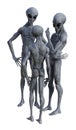 Illustration of a group of gray aliens standing around talking to each other in various poses isolated on a white background