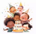 Illustration of a group of happy children celebrating a birthday with a cake and candles. Cartoon kids birthday party clipart Royalty Free Stock Photo