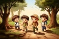 Illustration of Group of Kids Hiking in the Forest with Flowers