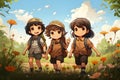 Illustration of a group of kids hiking in the forest with flowers