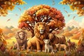 an illustration of a group of lions and other animals under an autumn tree