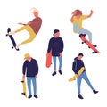 Illustration group of men with skateboard are doing different move. Teenagers culture.