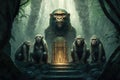 Illustration of a group of monkey in a jungle at night. Cult, religion concept. Generative AI