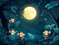 Illustration of a group of monkeys in the jungle at night Royalty Free Stock Photo