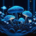 Illustration of a group of mushrooms on a dark blue background. AI generated