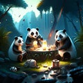 Illustration of a group of panda bear playing cards in the forest AI Generated