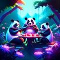 Illustration of a group of panda eating at a night party AI Generated