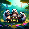 Illustration of a group of panda eating at the table in the park generative AI