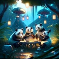 Illustration of a group of panda in the forest at night Generative AI