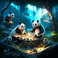 Illustration of a group of panda in the forest at night generative AI