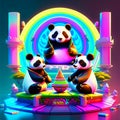 Illustration of a group of panda in front of a colorful background AI Generated